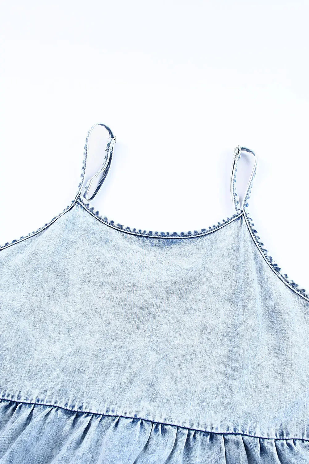 Sky blue adjustable straps tiered ruffle denim dress - mini dresses