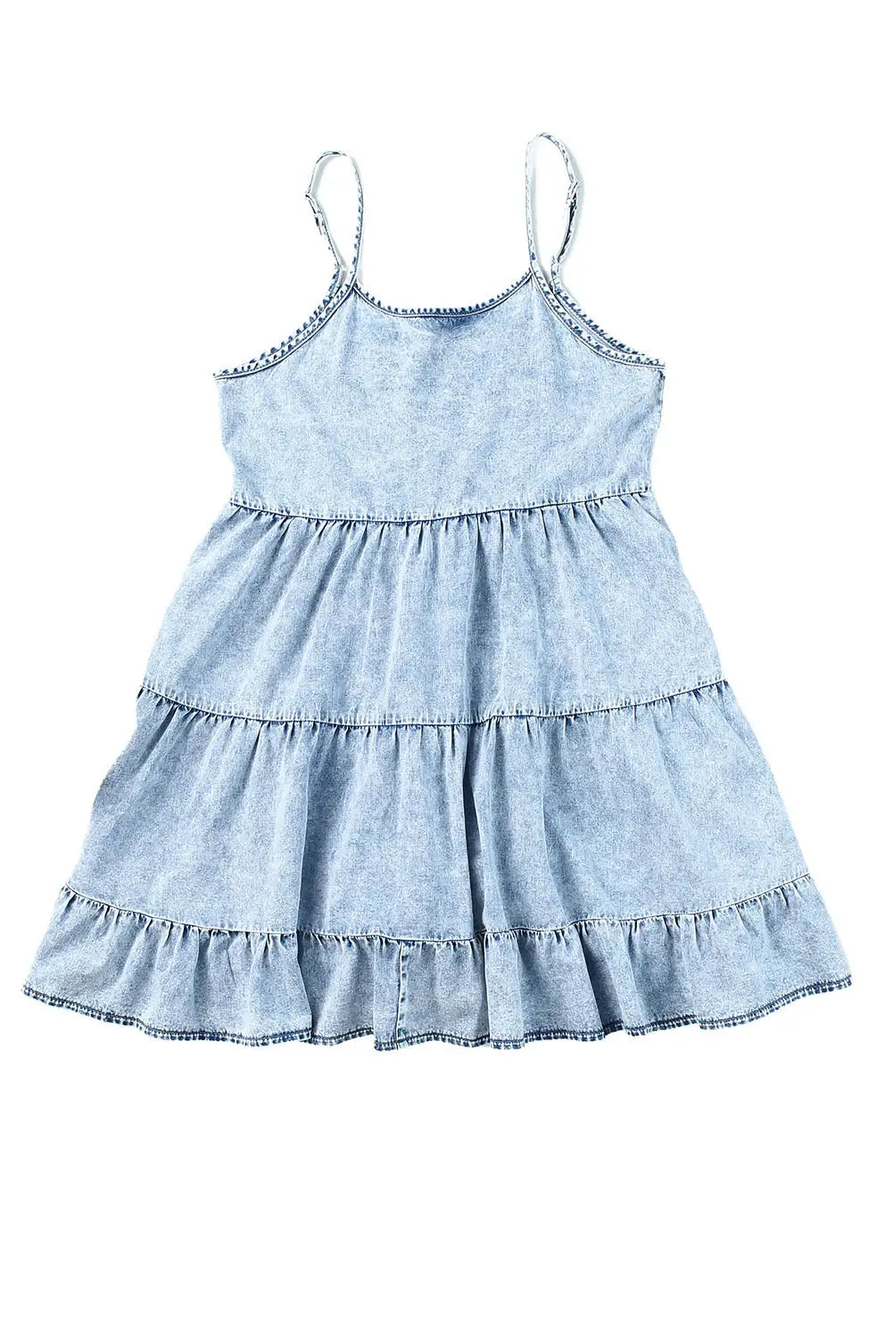 Sky blue adjustable straps tiered ruffle denim dress - mini dresses
