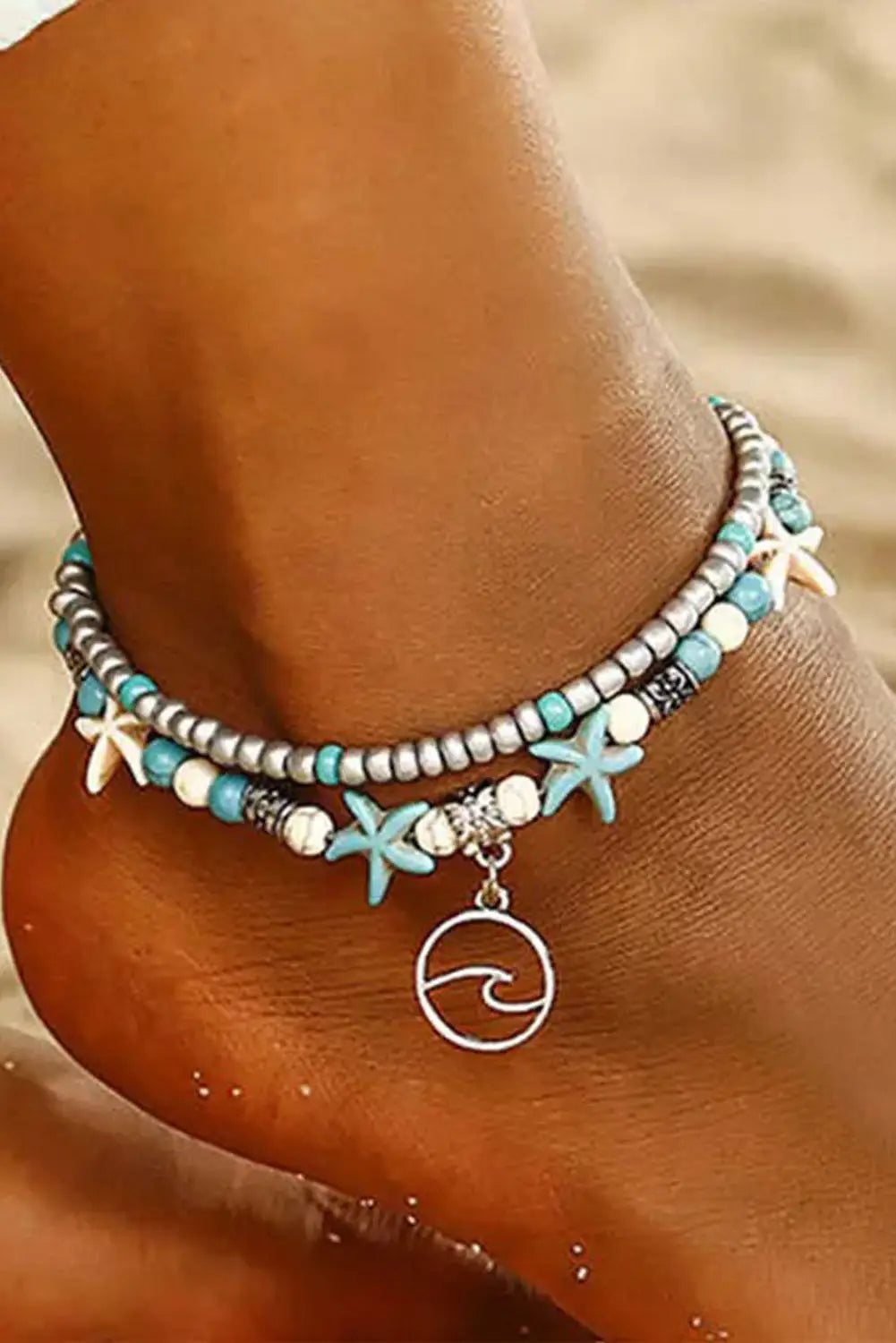 Sky blue beach double anklet - one size / turquoise - anklets