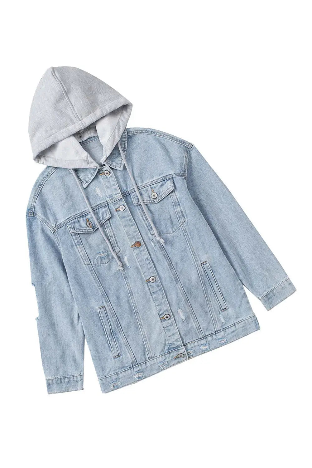 Sky blue button closure ripped hooded denim jacket - jackets