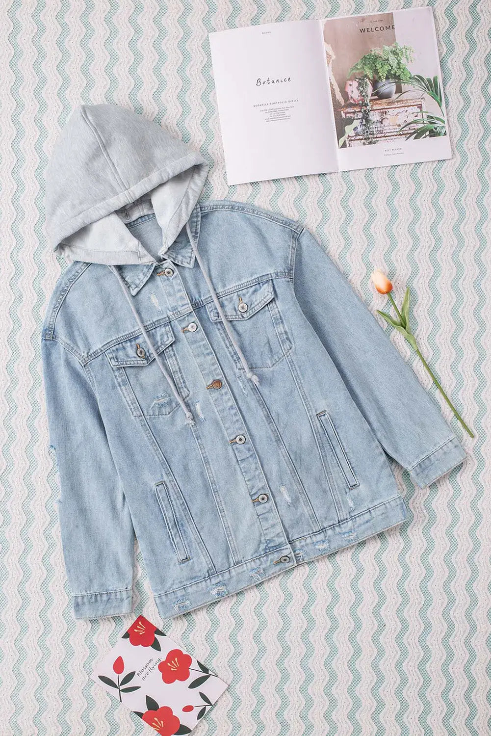 Sky blue button closure ripped hooded denim jacket -