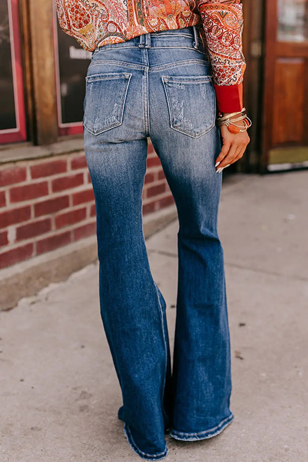 Sky blue button fly ripped high waist flare jeans - bottoms