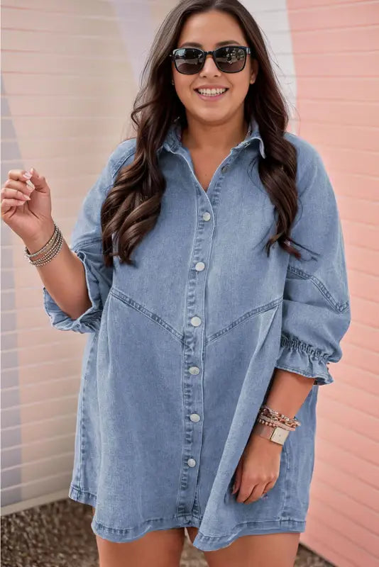 Sky blue buttoned long sleeve denim mini dress - dresses