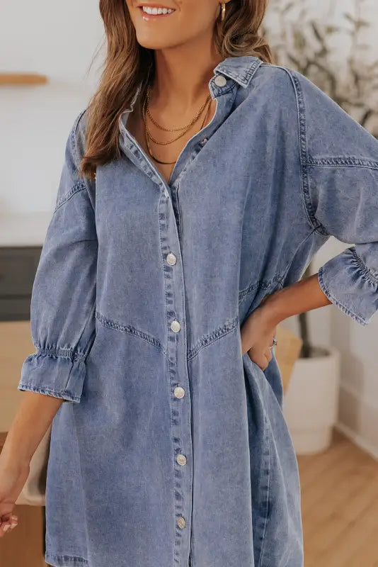 Sky blue buttoned long sleeve denim mini dress - dresses