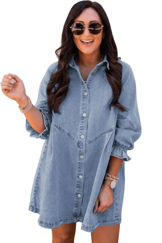 Sky blue buttoned long sleeve denim mini dress - dresses