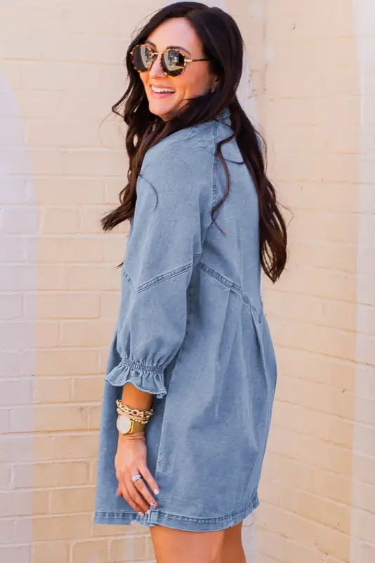 Sky blue buttoned long sleeve denim mini dress - dresses