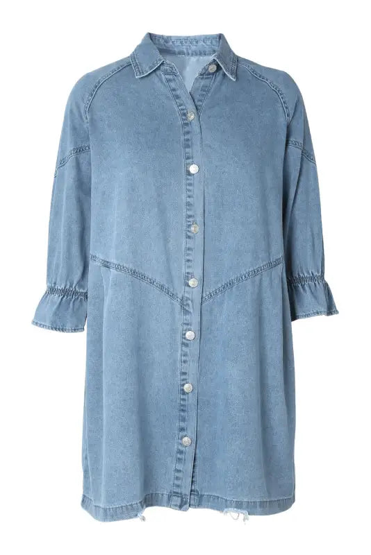 Sky blue buttoned long sleeve denim mini dress - dresses