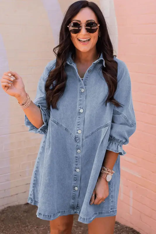 Sky blue buttoned long sleeve denim mini dress - dresses