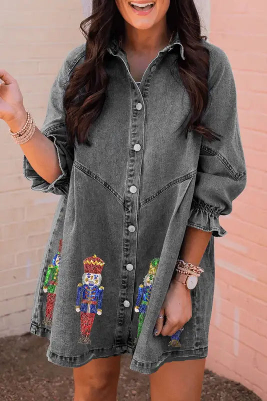 Sky blue buttoned long sleeve denim mini dress - dresses