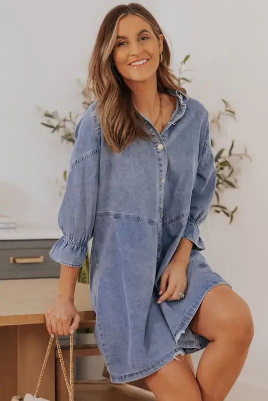 Sky blue buttoned long sleeve denim mini dress - dresses