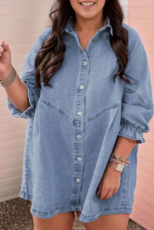 Sky blue buttoned long sleeve denim mini dress - light / 1x / 90% cotton + 10% polyester - dresses