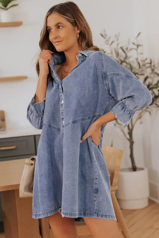 Sky blue buttoned long sleeve denim mini dress - dresses