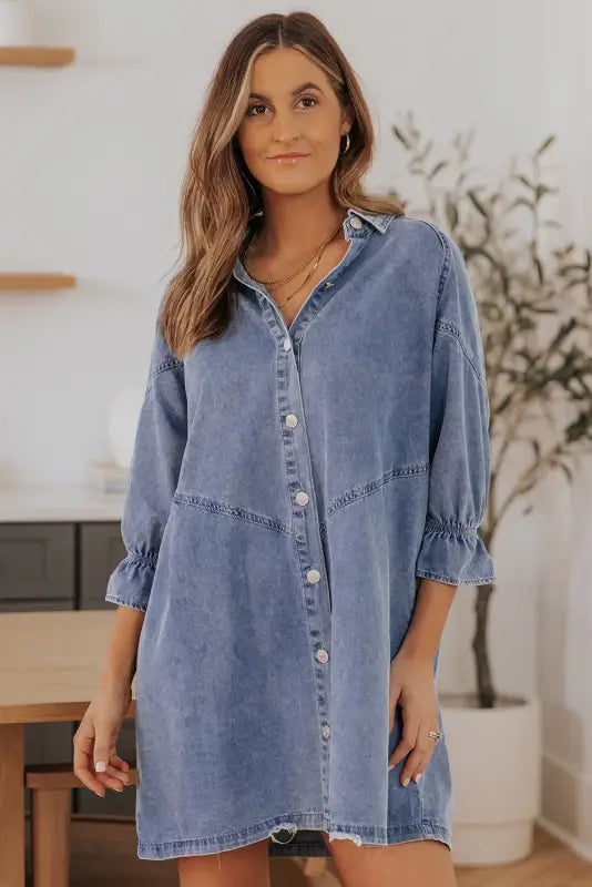 Sky blue buttoned long sleeve denim mini dress - dresses