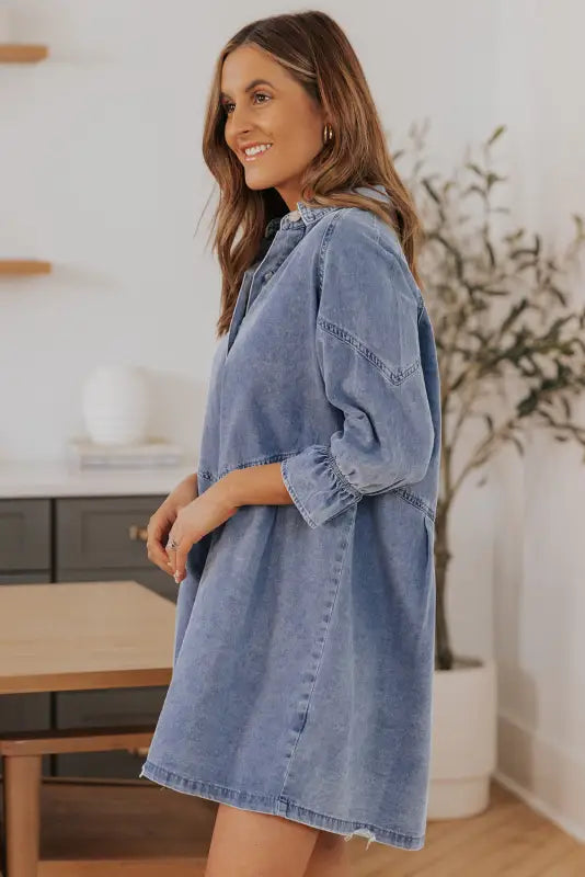 Sky blue buttoned long sleeve denim mini dress - dresses