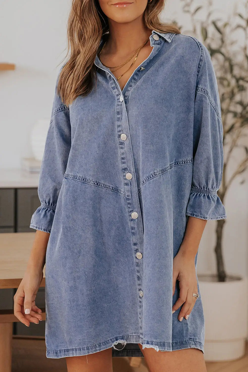 Sky blue buttoned long sleeve denim mini dress - s / 90% cotton + 10% polyester - dresses