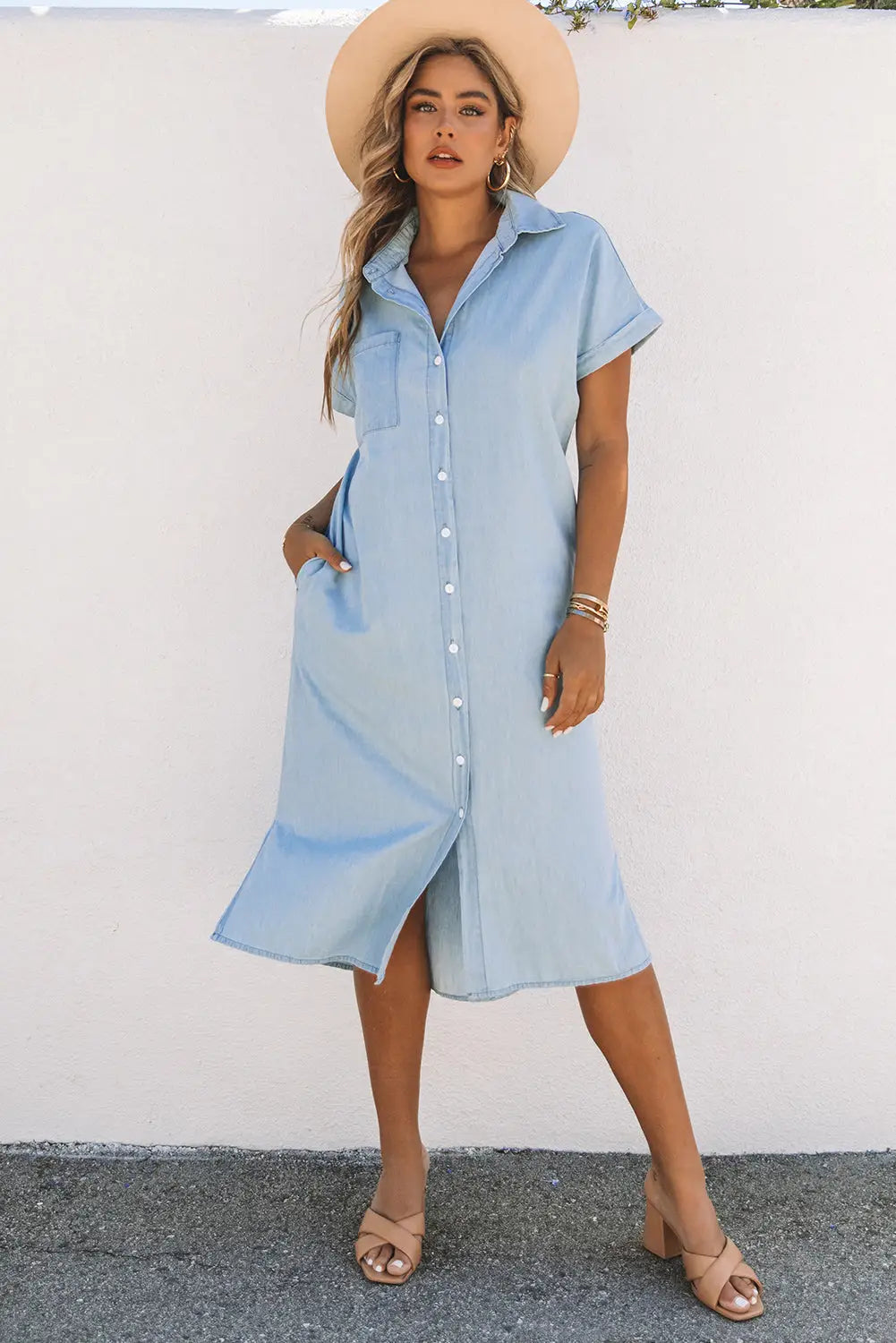 Sky blue chambray shirt short sleeves midi dress - dresses