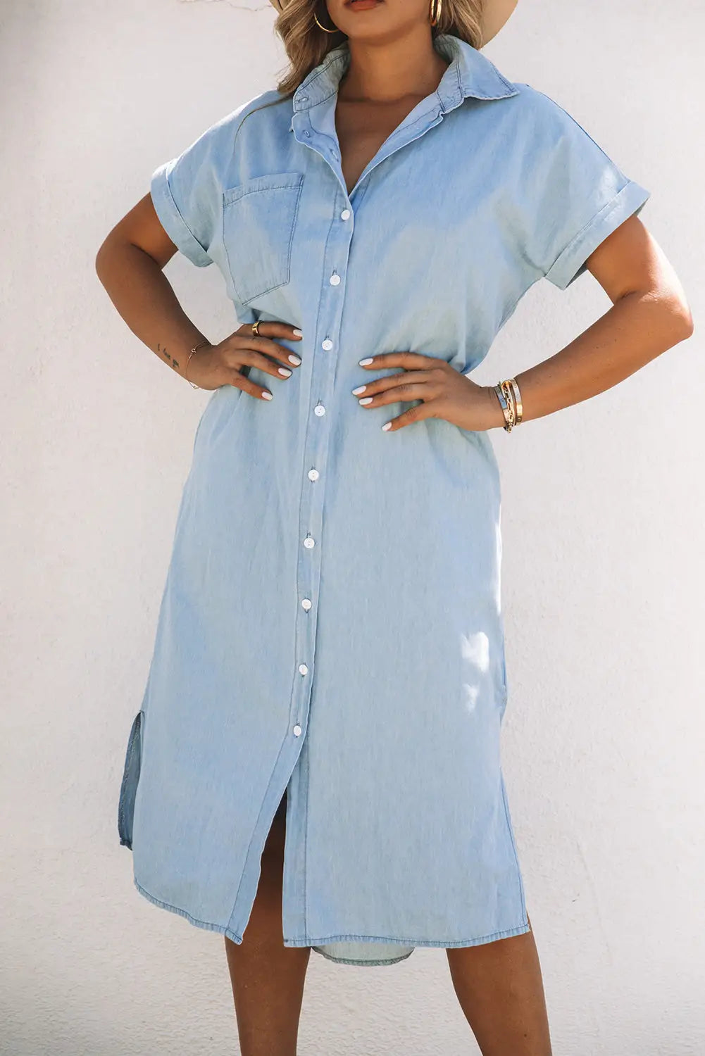 Sky blue chambray shirt short sleeves midi dress - dresses