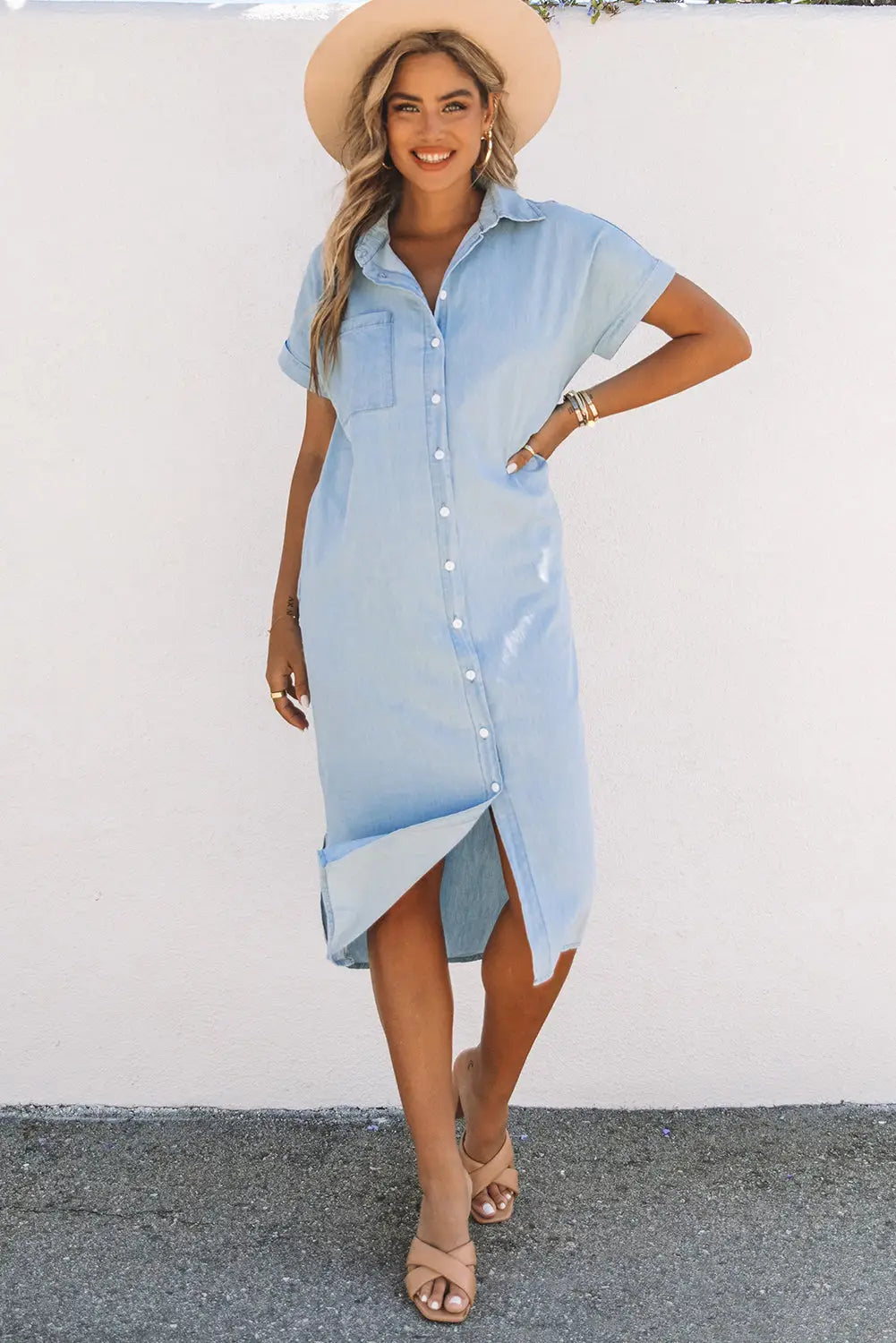 Sky blue chambray shirt short sleeves midi dress - s / 65% lyocell + 35% cotton - dresses