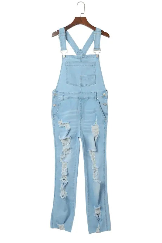 Sky blue constructed bib pocket distressed denim overalls - jumpsuits & rompers