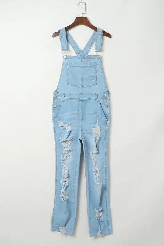 Sky blue constructed bib pocket distressed denim overalls - jumpsuits & rompers