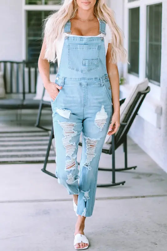 Sky blue constructed bib pocket distressed denim overalls - jumpsuits & rompers