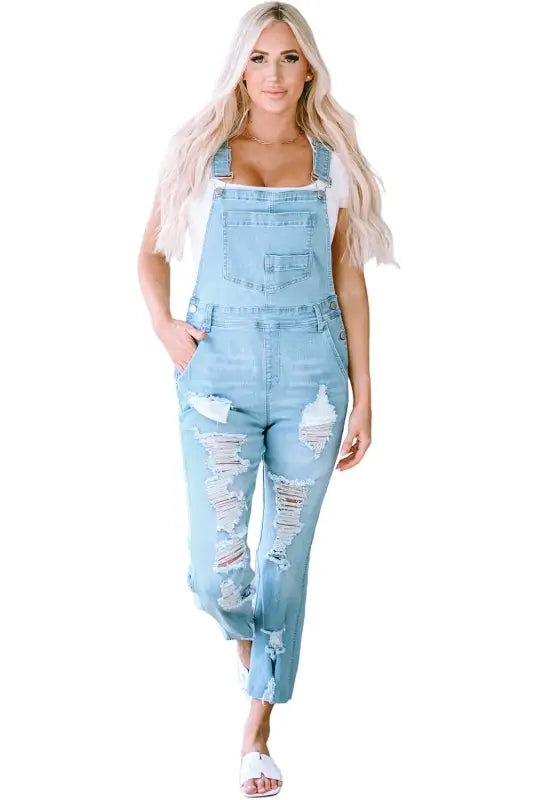 Sky blue constructed bib pocket distressed denim overalls - jumpsuits & rompers