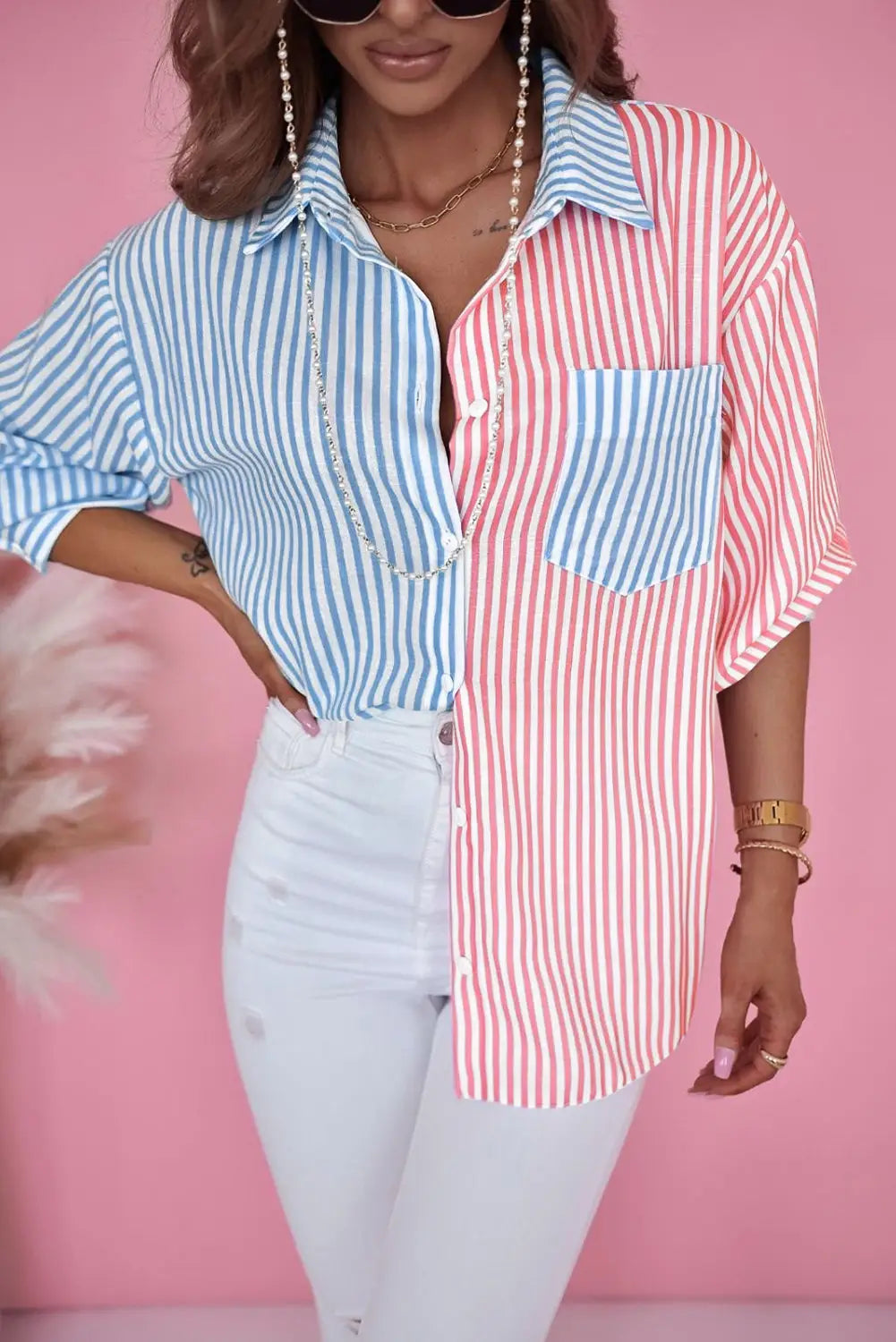 Sky blue contrast striped print shirt - s / 65% polyester + 35% cotton - blouses & shirts