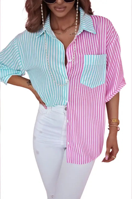 Sky blue contrast striped print shirt - blouses & shirts