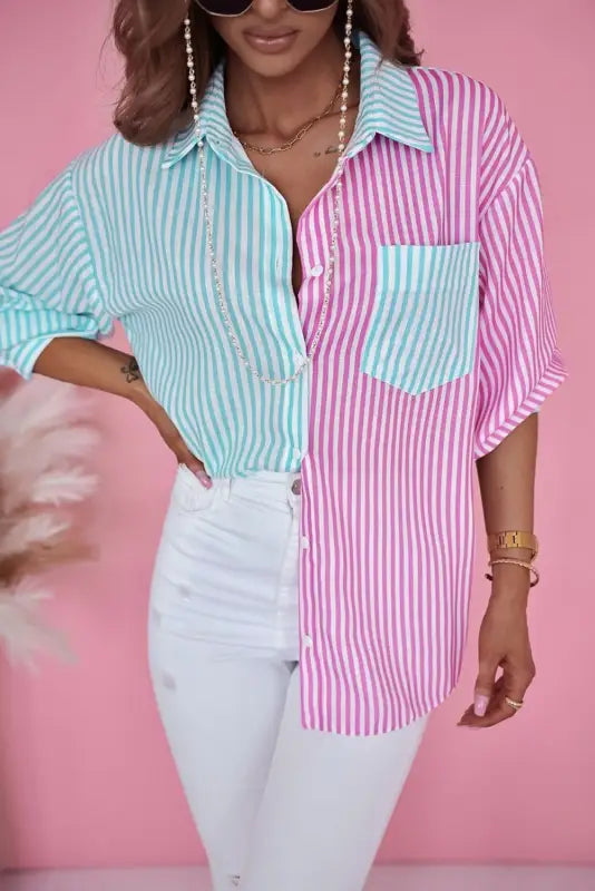 Sky blue contrast striped print shirt - blouses & shirts