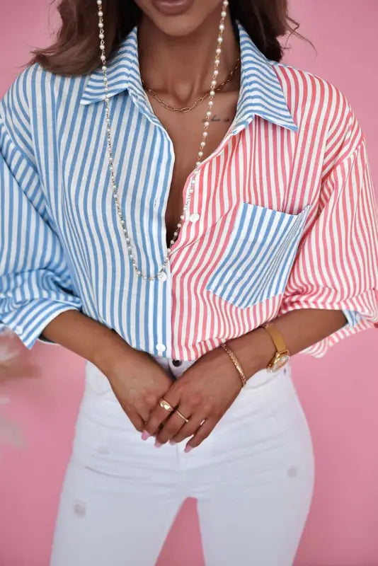 Sky blue contrast striped print shirt - blouses & shirts