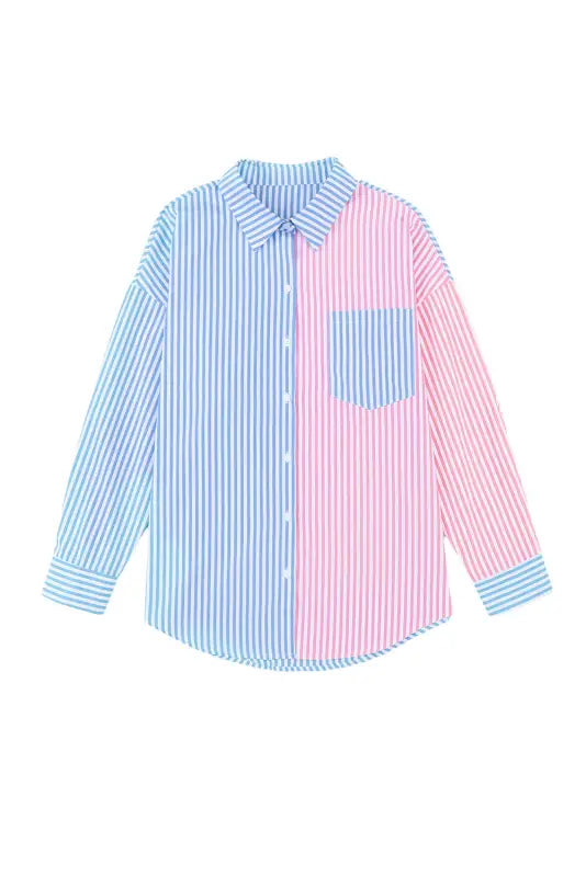 Sky blue contrast striped print shirt - blouses & shirts