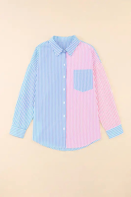 Sky blue contrast striped print shirt - blouses & shirts