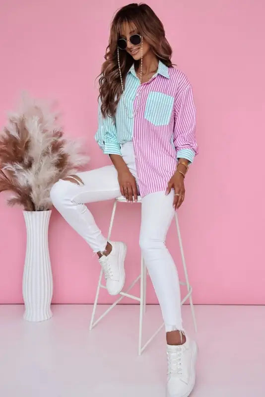 Sky blue contrast striped print shirt - blouses & shirts