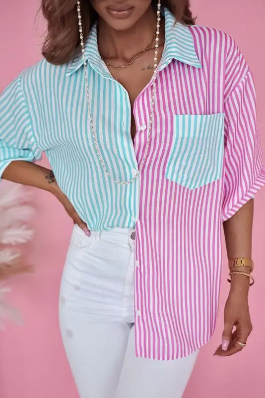 Sky blue contrast striped print shirt - blouses & shirts