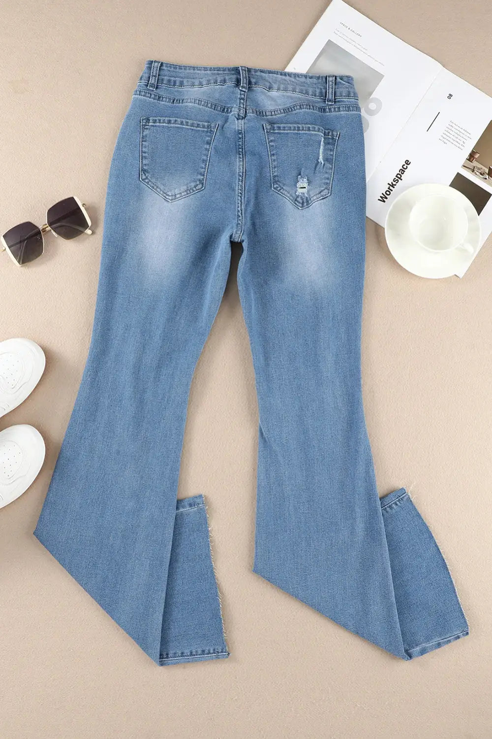 Sky blue dark wash mid rise flare jeans