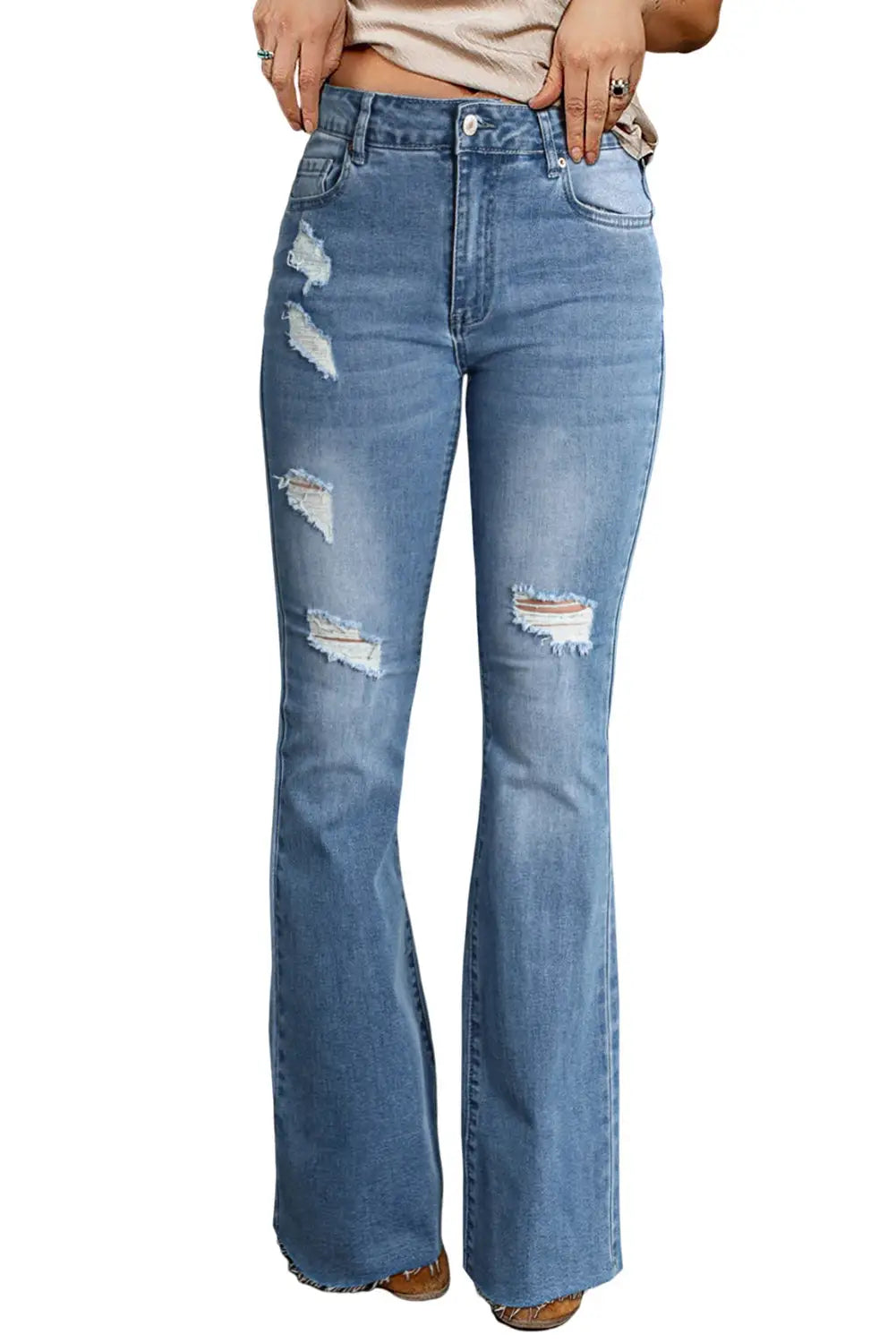 Sky blue dark wash mid rise flare jeans