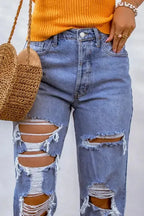 Sky Blue Distressed Boyfriend Jeans - Fashionfitz