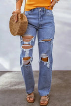 Sky Blue Distressed Boyfriend Jeans - Fashionfitz