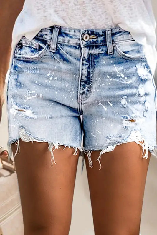 Sky blue distressed denim shorts - 6 / 76% cotton + 20% polyester + 2% viscose + 2% elastane