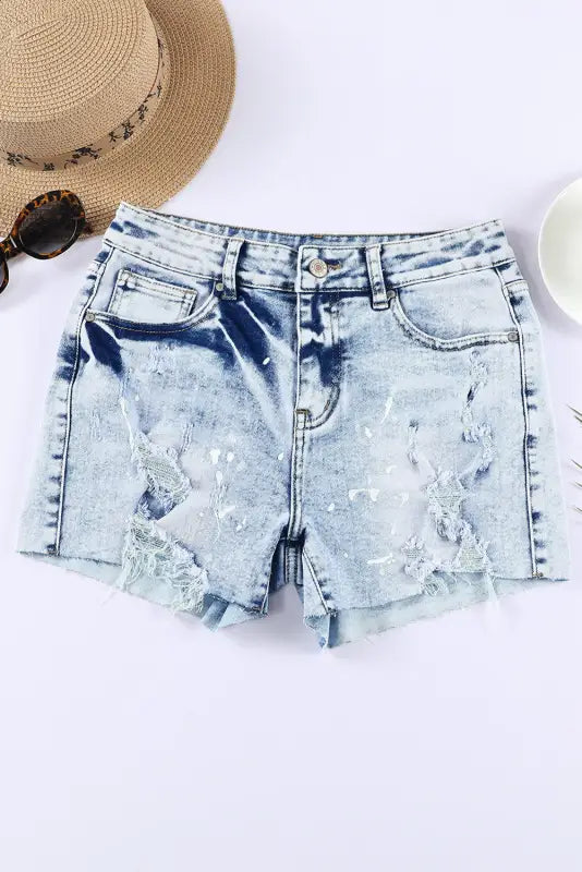 Sky blue distressed denim shorts