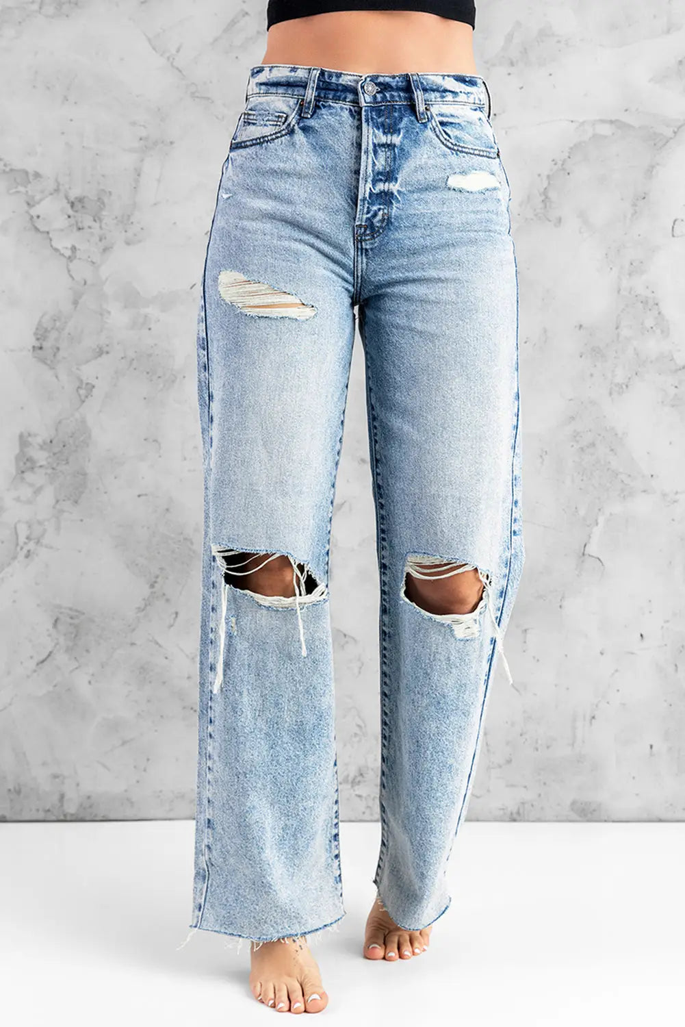 Sky blue distressed hollow-out knees wide leg jeans - s