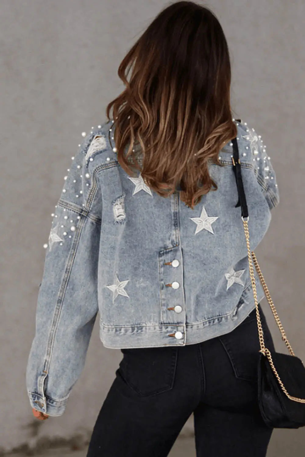 Sky blue distressed pearls star cropped denim jacket - jackets