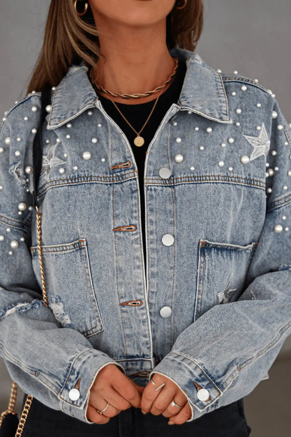 Sky blue distressed pearls star cropped denim jacket - s / 85% cotton + 15% polyester - jackets