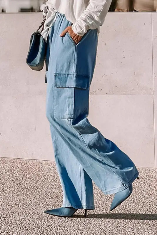 Sky blue drawstring high waist cargo pocket wide leg jeans - bottoms