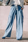 Sky blue drawstring high waist cargo pocket wide leg jeans - bottoms