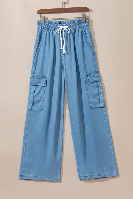 Sky blue drawstring high waist cargo pocket wide leg jeans - bottoms