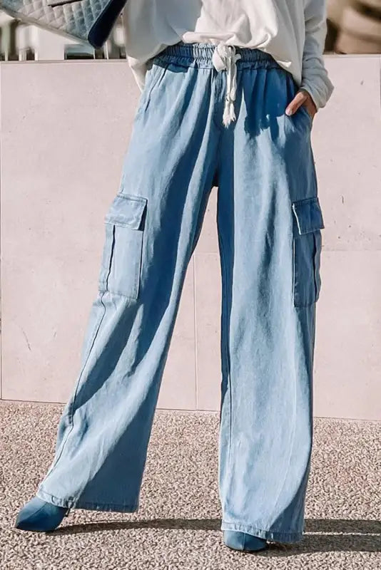 Sky blue drawstring high waist cargo pocket wide leg jeans - s / 100% lyocell - bottoms