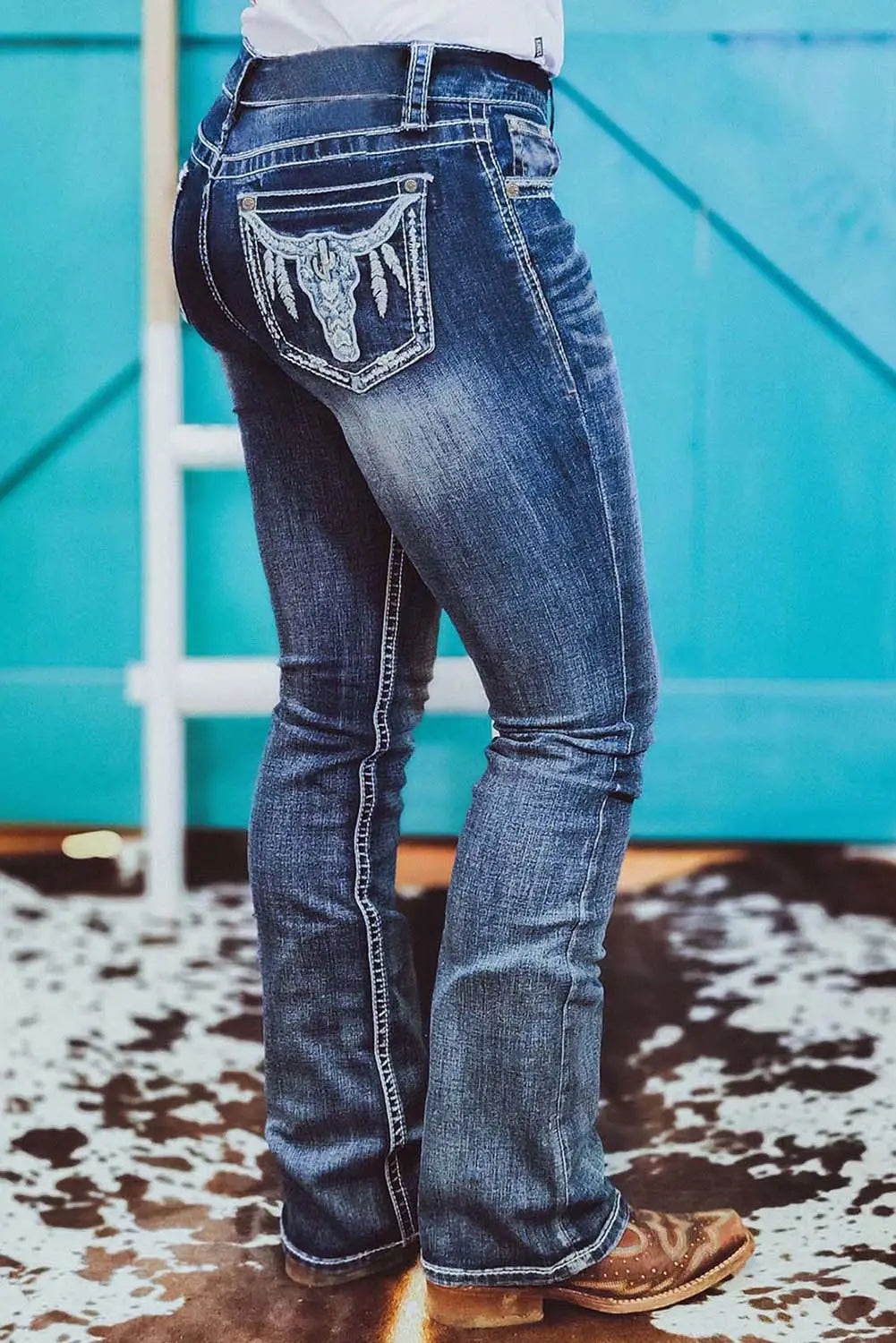 Sky blue embroidered cow straight leg jeans - 4 /