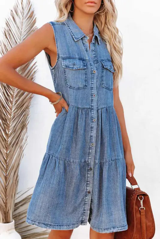 Sky blue flap pockets button up sleeveless denim dress - xl / 85% cotton + 15% polyester - mini dresses