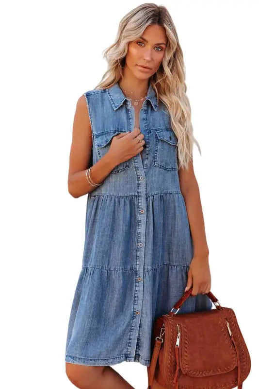 Sky blue flap pockets button up sleeveless denim dress - xl / 85% cotton + 15% polyester - mini dresses